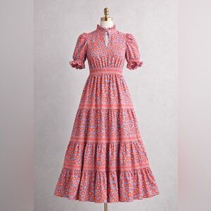 Gretchen Scott Designs Coral Orange Red and Blue Leopard Dress Size M Midi